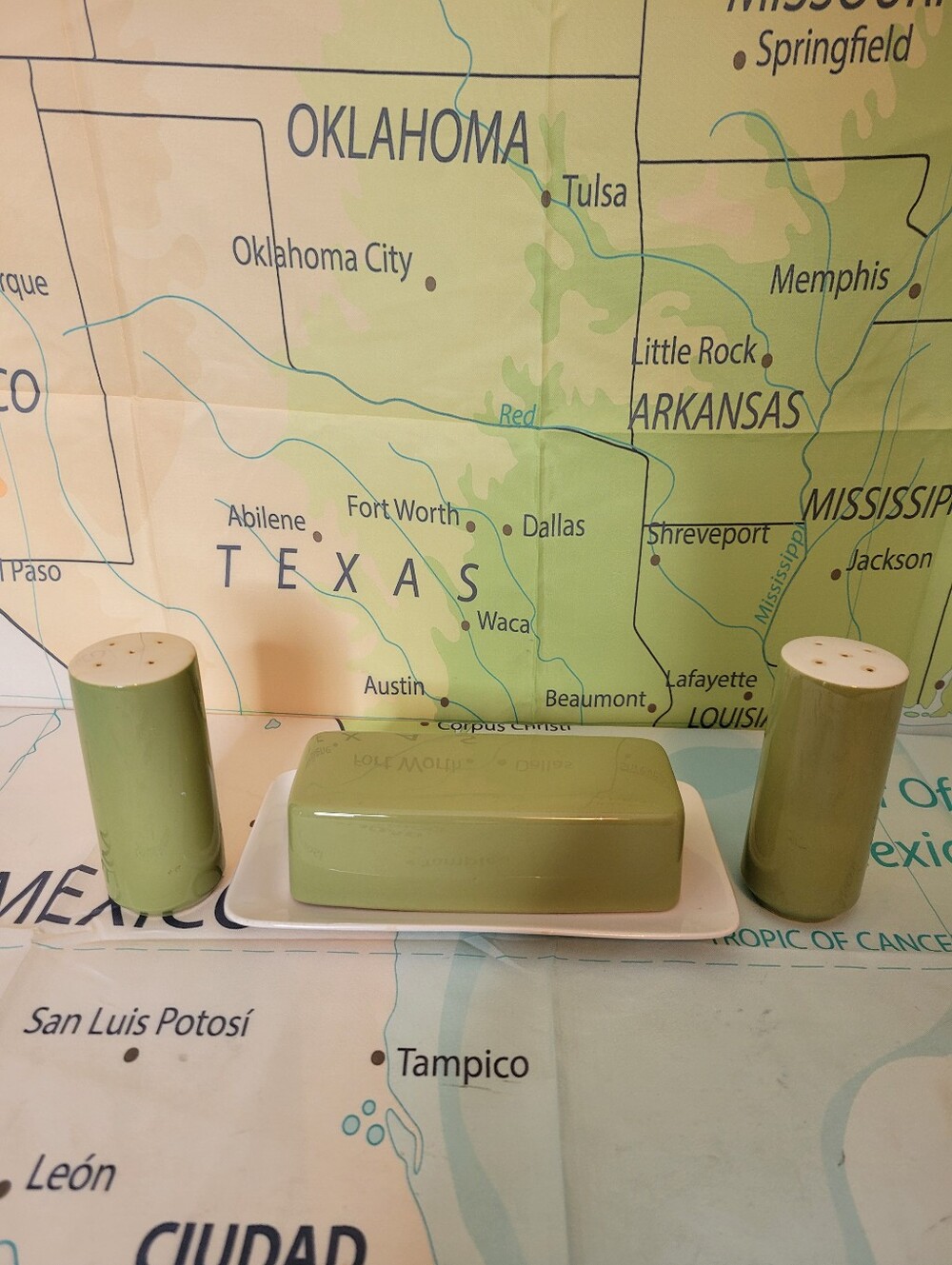 Vintage 1960s Avocado Green Ceramic Butter Dish with Salt & Pepper Shakers